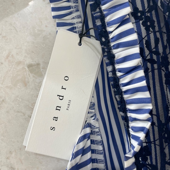 NWT SANDRO Dress Blue White Striped Cotton Lace Back "Gana" - Picture 4 of 13